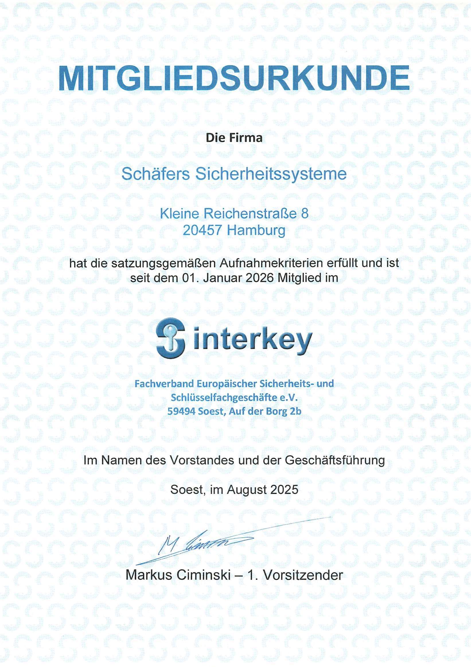 Interkey Mitgliedsurkunde – Fachverband Europäischer Sicherheits- und Schlüsselfachgeschäfte